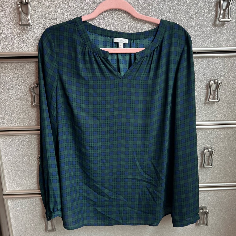 Loft | Blue & Green Checkered Plaid Long-sleeve Blouse size Medium Petite